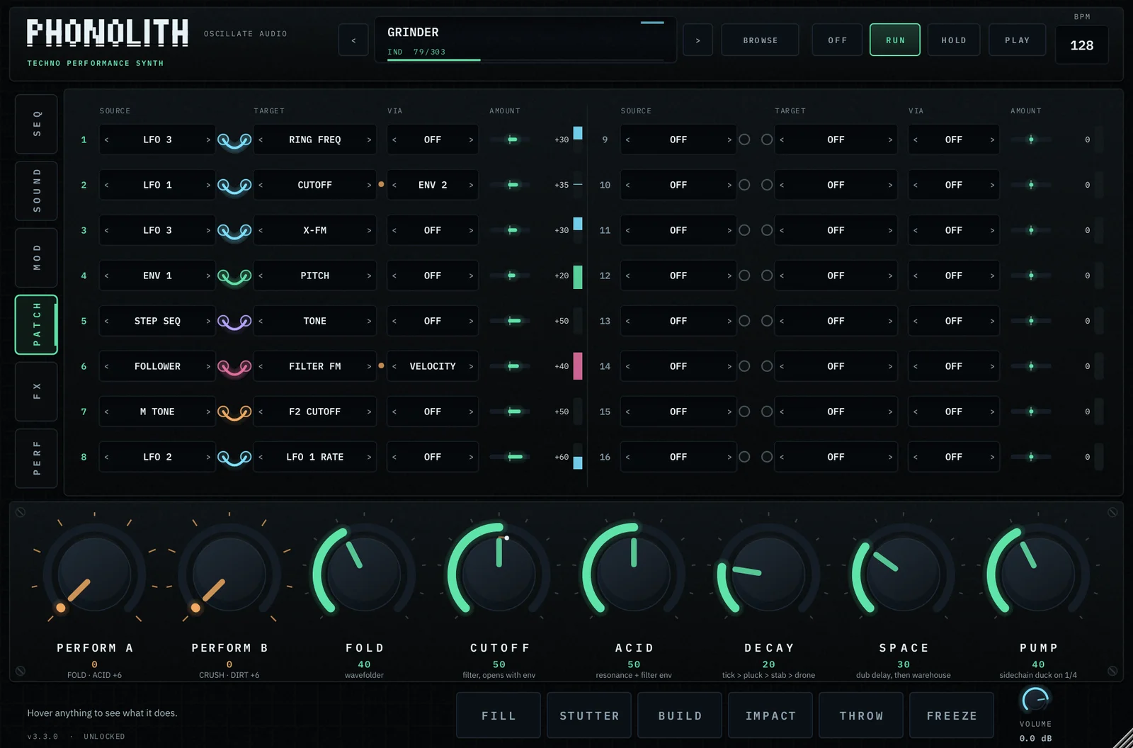 The PATCH page: cables from source to target with VIA and live source meters