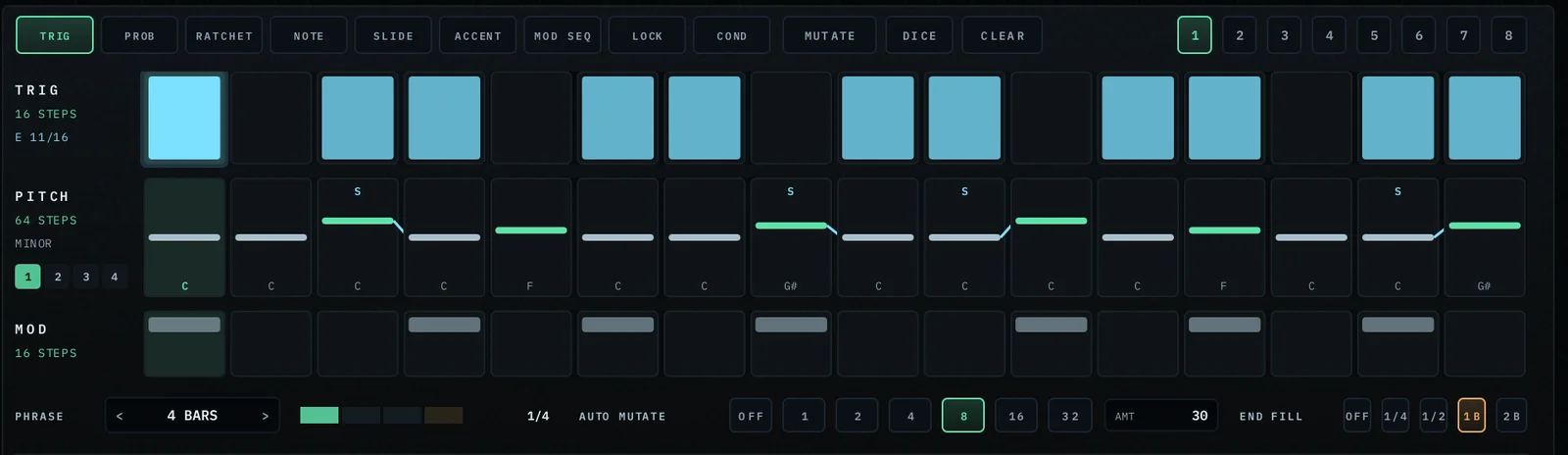 Acid Odyssey: a 64-step note line on four pages, the page follows the playhead, the phrase bar fills up