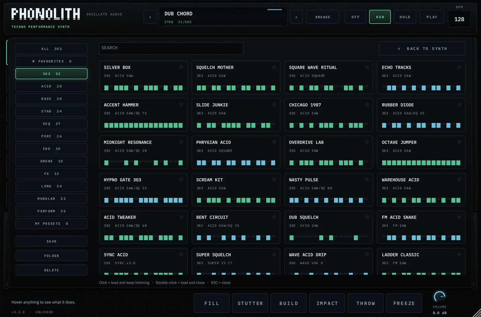 The PHONOLITH preset browser showing the 303 category: 52 acid lines