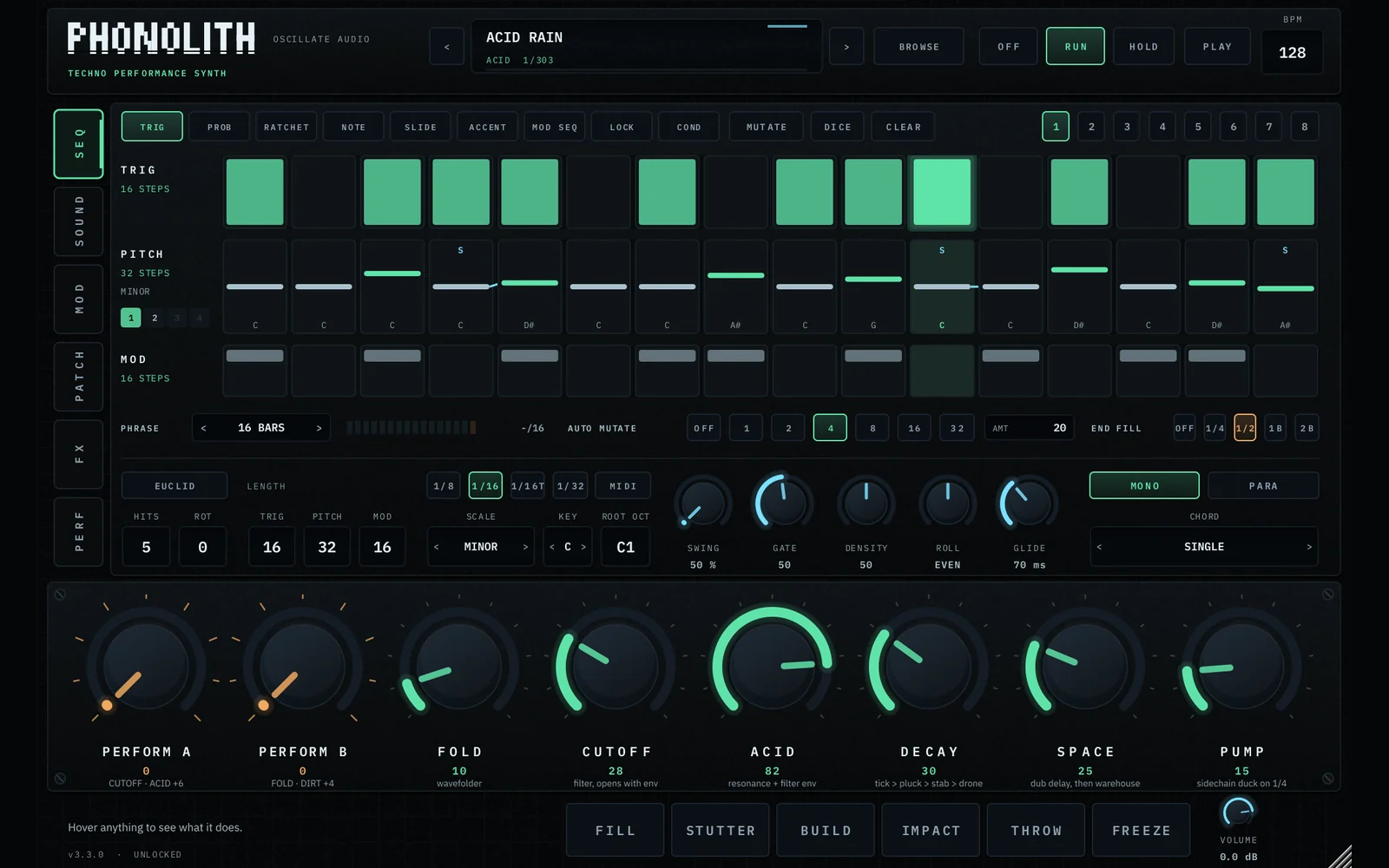 PHONOLITH techno synth plugin with eight knobs, the step sequencer and six performance pads