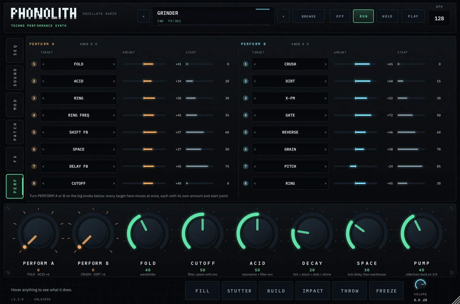 The PERF page: PERFORM A and PERFORM B, each with eight target slots, amount and start point, above the row of large knobs