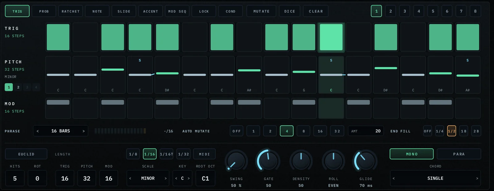 The sequencer: tools, the TRIG, PITCH and MOD lanes, Euclid, lengths, scale and key