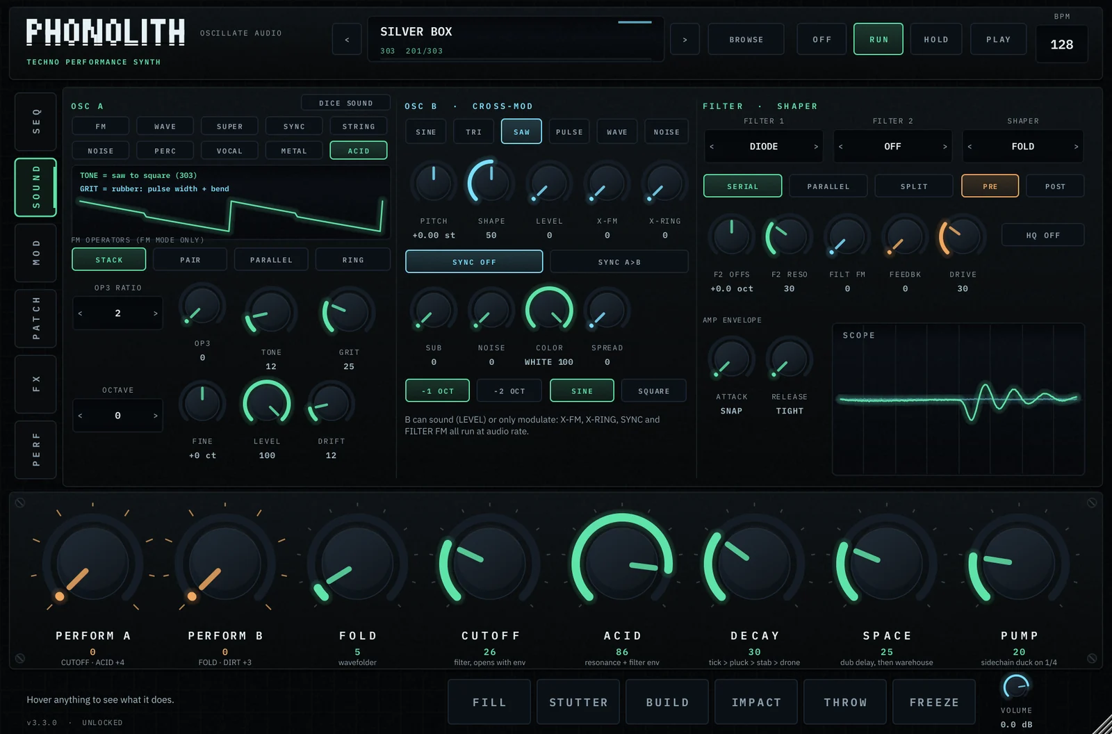 The SOUND page with Silver Box: oscillator A in ACID mode with its waveform, oscillator B and cross-mod, two filters with routing, shaper, envelope and scope