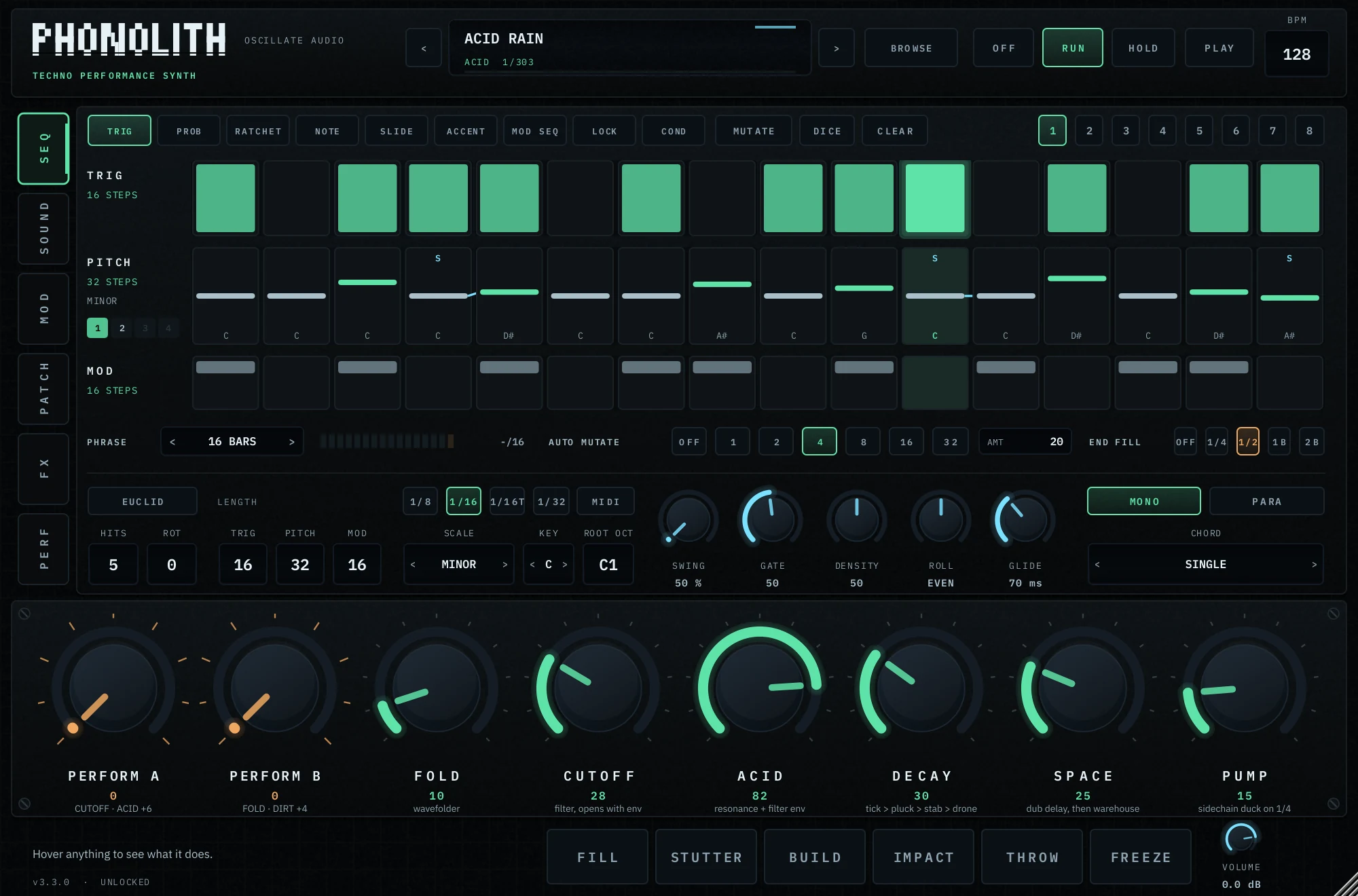 The PHONOLITH interface: preset bar, the step sequencer with TRIG, PITCH and MOD lanes, the PHRASE bar, the large knobs and the performance pads
