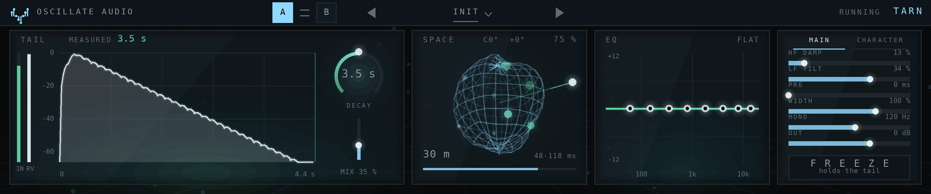 The TARN device: the TAIL level writer with the decay ring, the SPACE morph body, the eight-band EQ, and the strip with six sliders and the freeze button.
