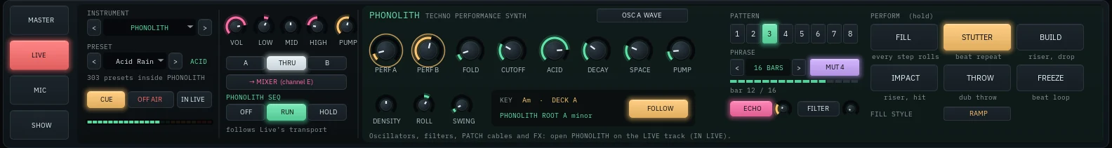The LIVE channel of Oscillate DJ with PHONOLITH: knobs, sequencer, key follow, eight patterns and the performance pads