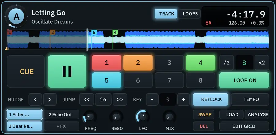 Deck A playing an eight-beat loop, with hotcues, keylock and its FX racks
