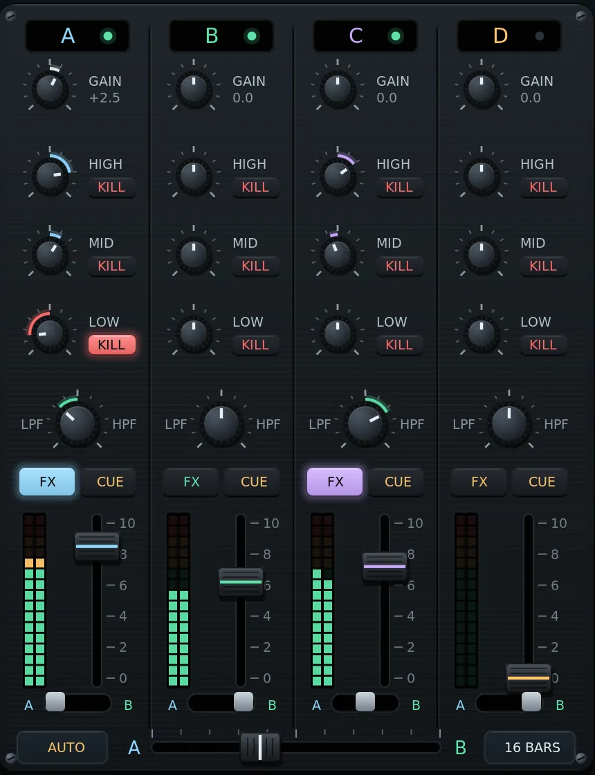 The same mixer switched to three bands: HIGH, MID, LOW