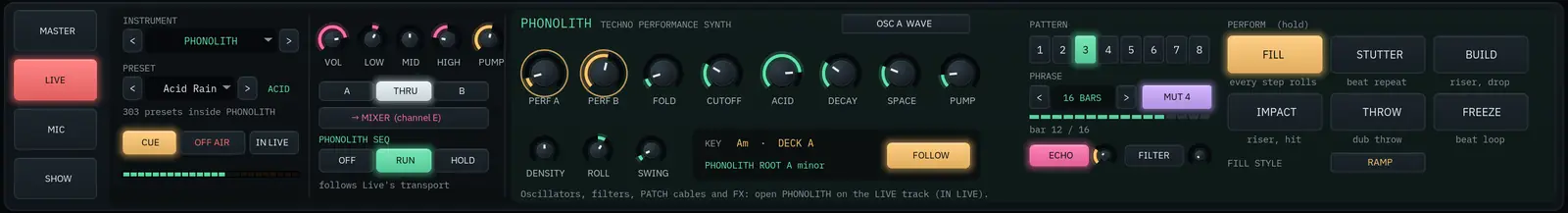 The LIVE channel with PHONOLITH: PERFORM A moves, the performance pads switch, the key follows deck A
