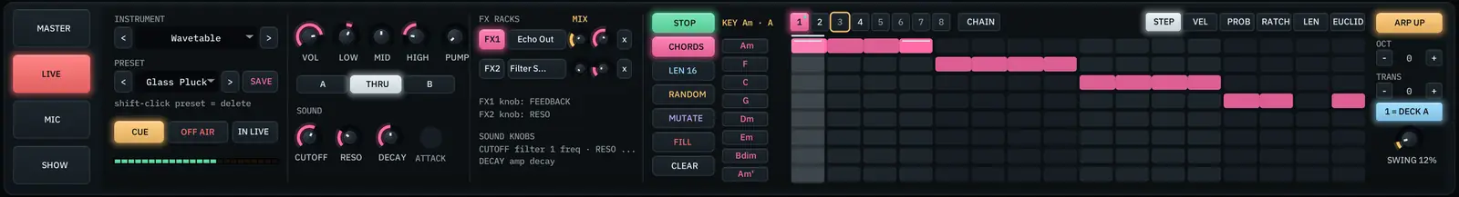 The LIVE channel with Wavetable: the step sequencer runs chords in A minor, Am, F, C, G
