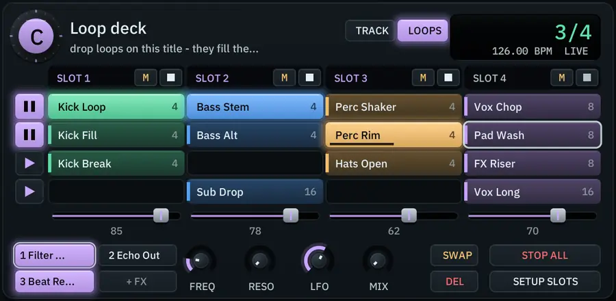 Deck C as a loop deck: four slots of Ableton clips play, their progress bars run
