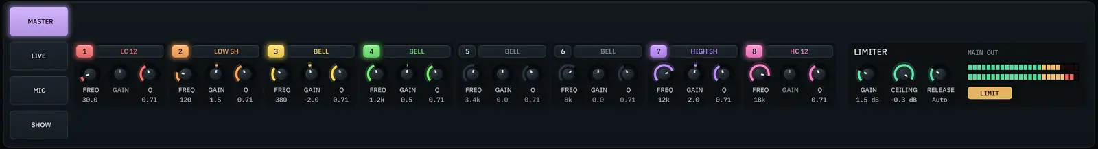 The master section: all eight bands of EQ Eight and the Limiter on Live's main track