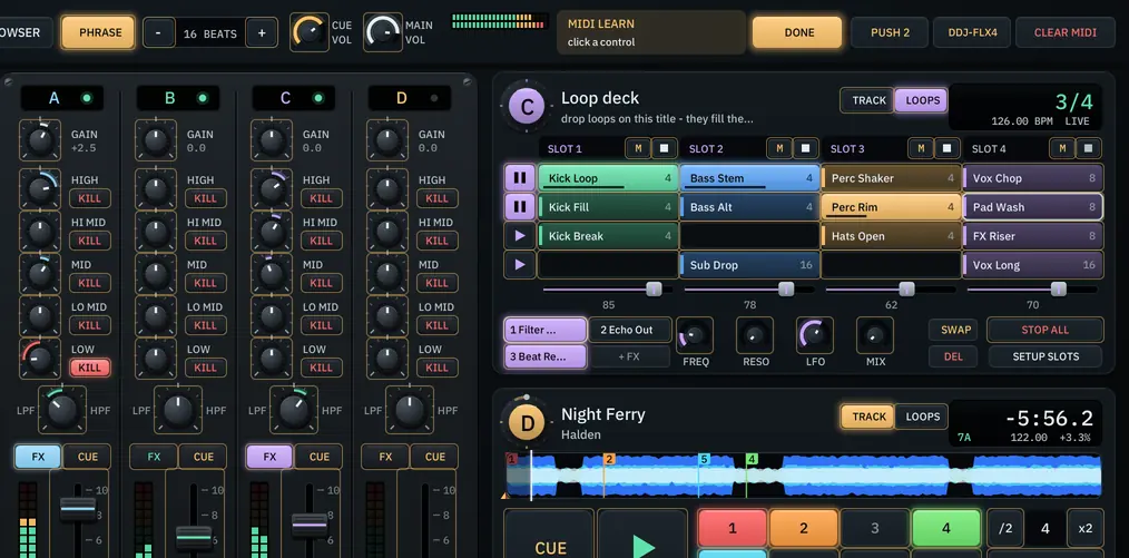 MIDI LEARN: every control that can be learned gets a yellow frame; templates for Push 2 and DDJ-FLX4