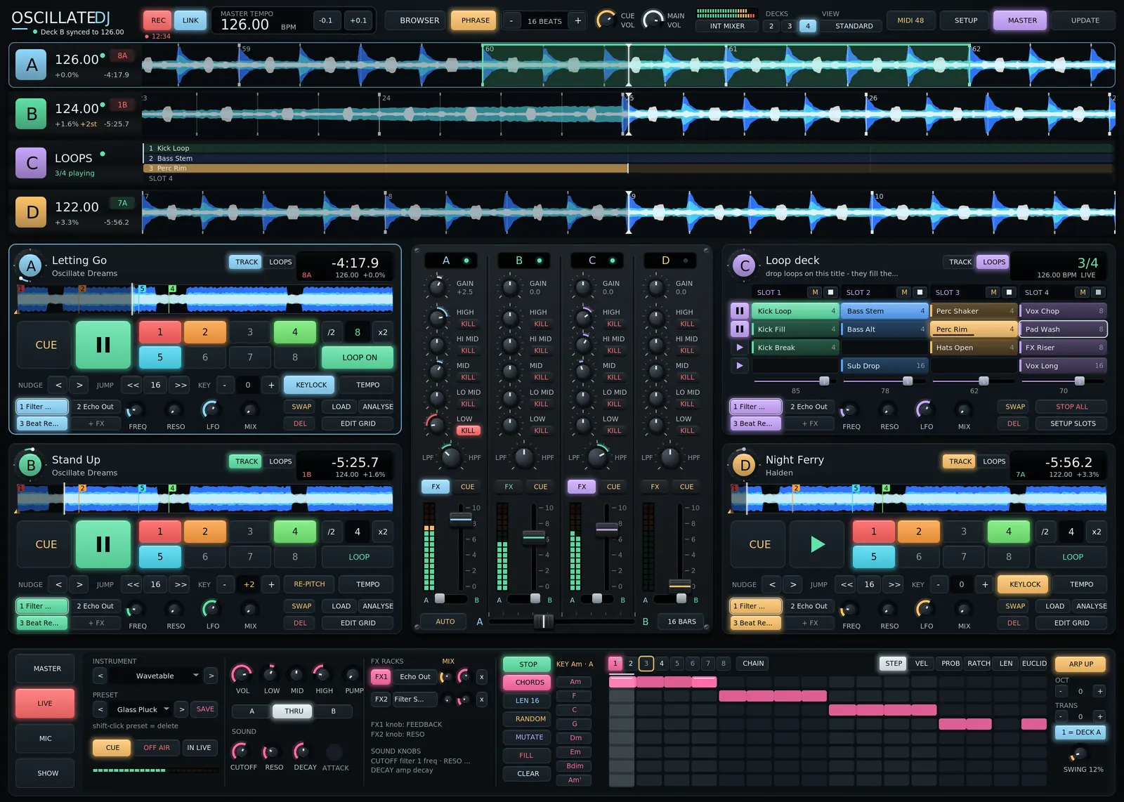STANDARD view with four decks: waveforms, decks, mixer and the LIVE channel