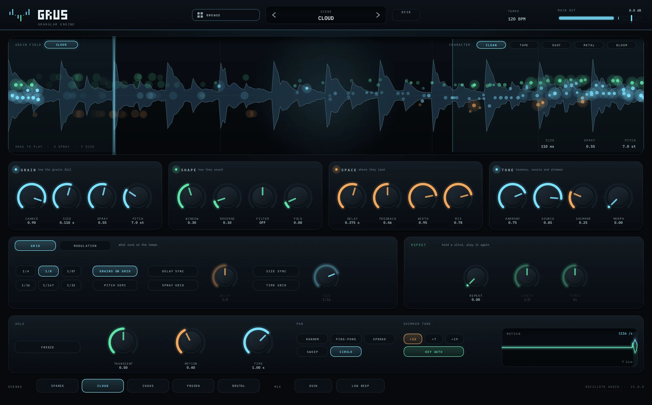The GRUS granular plugin by Oscillate Audio, showing its grain grid, chord degree and scene controls