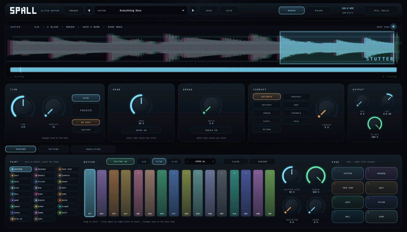 SPALL glitch buffer plugin with its sixteen-step effect grid, pads and corrupt section