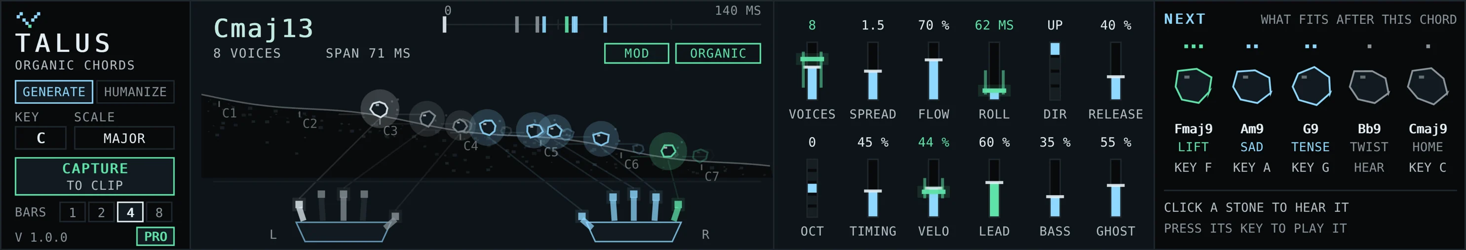 The TALUS device: on the left the mode, key and capture controls; in the middle a scree slope where every note lands as a stone, with two hands below whose fingers light up as they play; twelve faders; and on the right five suggested next chords.